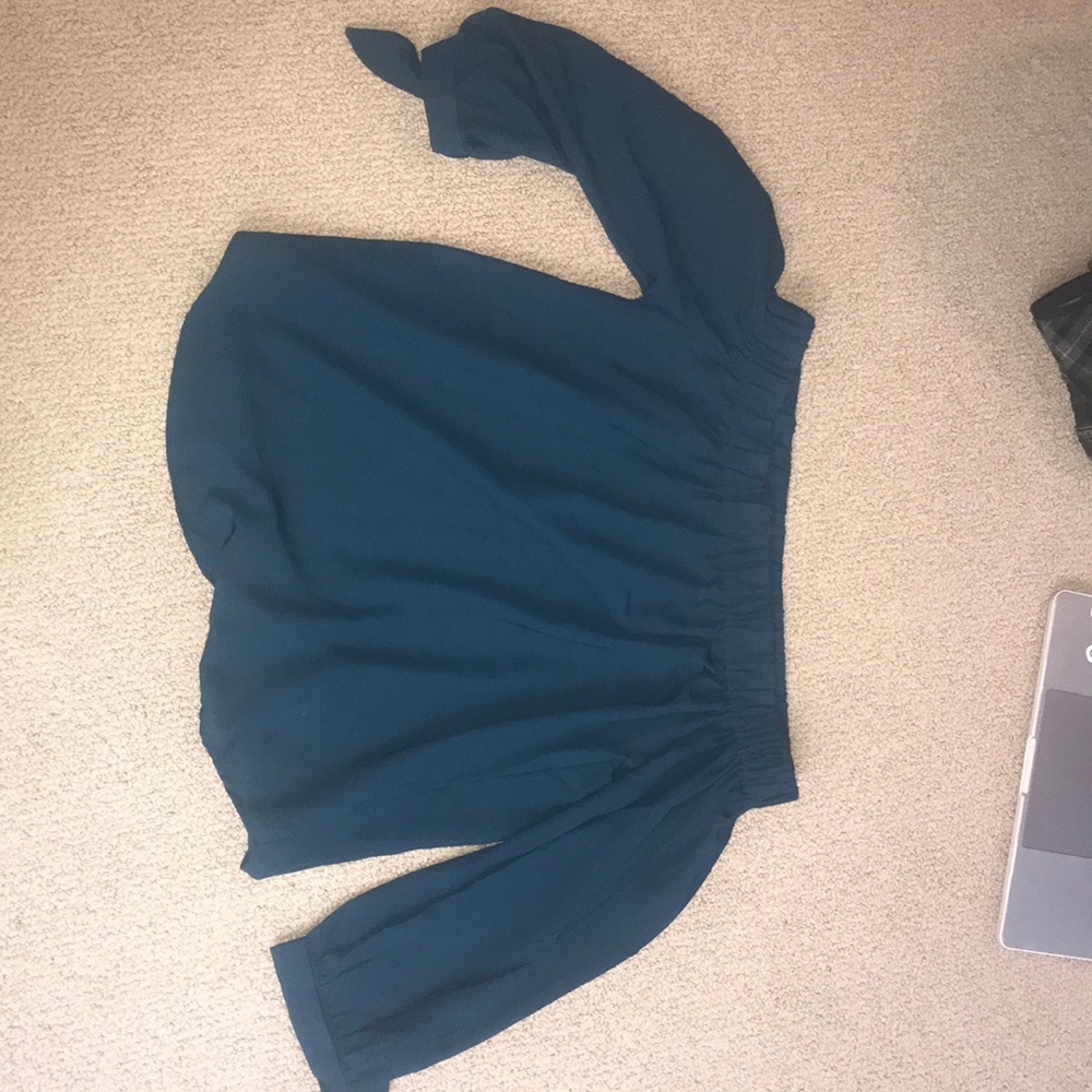 off the shoulder blue shirt